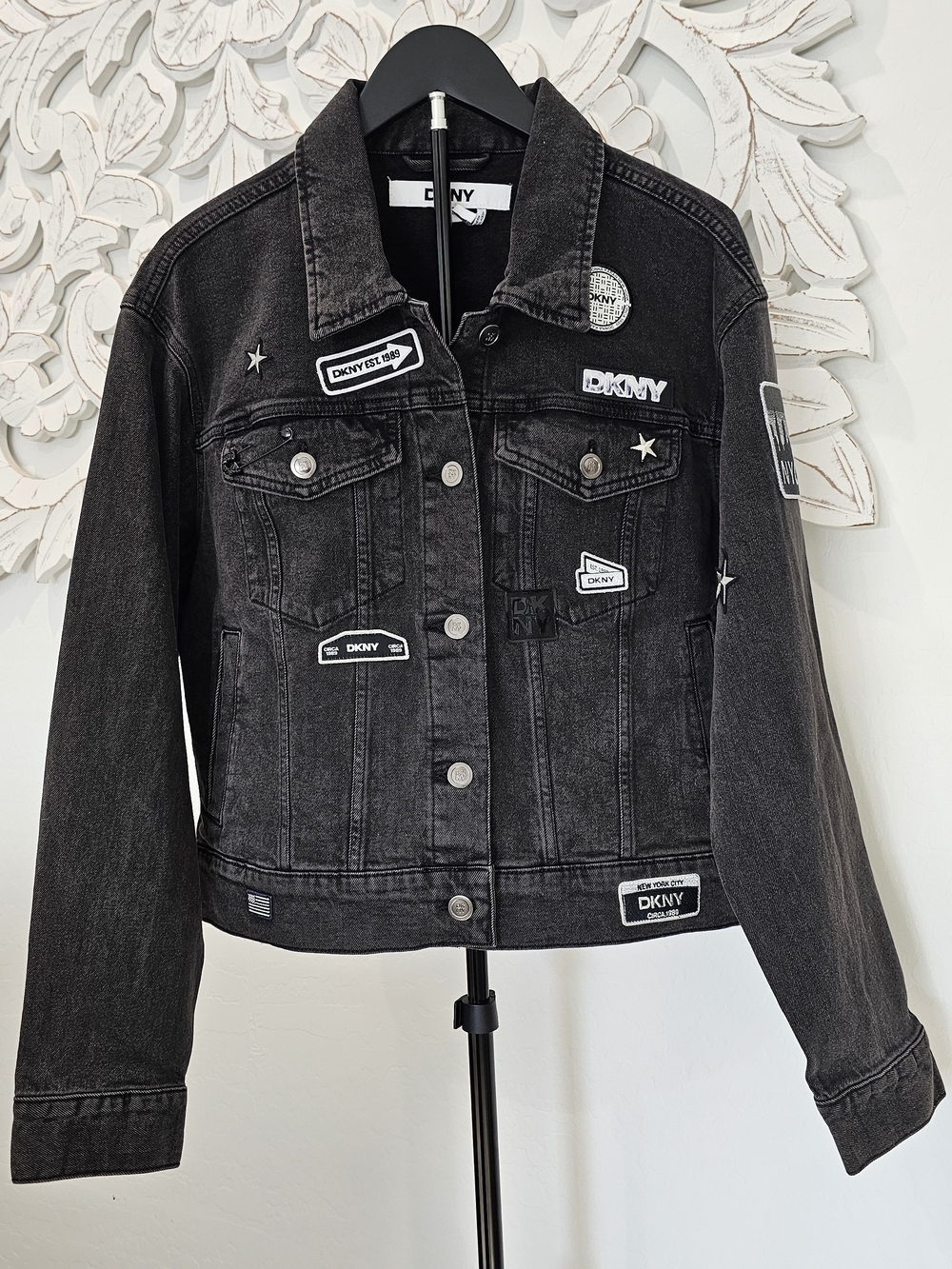 DKNY Black Patchwork Denim Jean Jacket Y2K Retro Women's Sz Large NWT